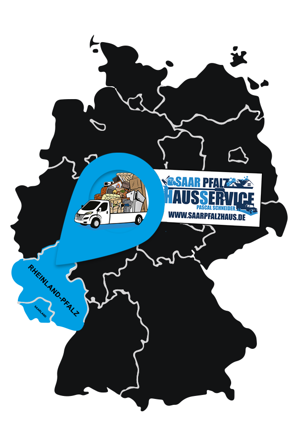 Deutschlandkarte mit markiertem Einsatzgebiet von Saar Pfalz Hausservice in Rheinland-Pfalz und im Saarland